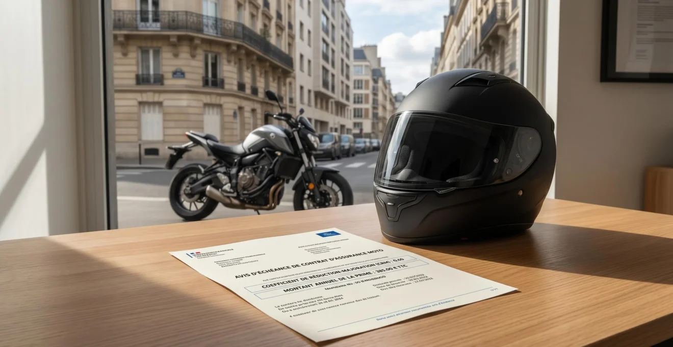 Avis d'échéance d'assurance moto en français affichant le coefficient bonus-malus et le montant de la prime, posé sur un bureau à côté d'un casque de moto, avec une moto garée en arrière-plan dans une rue urbaine française