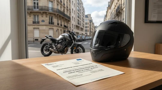 Avis d'échéance d'assurance moto en français affichant le coefficient bonus-malus et le montant de la prime, posé sur un bureau à côté d'un casque de moto, avec une moto garée en arrière-plan dans une rue urbaine française