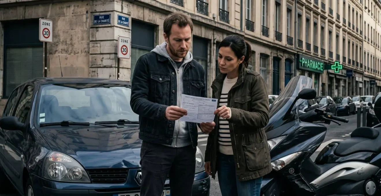Scène de constat amiable après un léger accrochage entre une moto et une voiture en milieu urbain français, deux personnes examinant ensemble le formulaire de déclaration