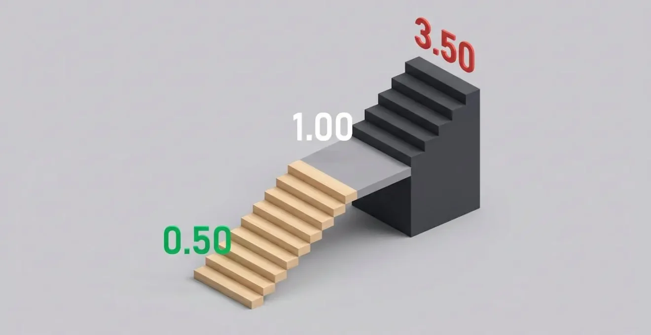 Illustration 3D isométrique d'un escalier à trois niveaux représentant l'évolution du coefficient bonus-malus de 0,50 à 3,50