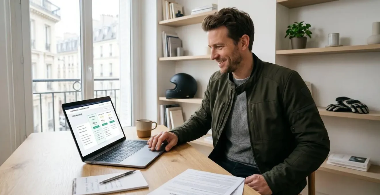 Motard travaillant à domicile sur ordinateur portable affichant un comparateur d'assurance en français, avec documents d'assurance et notes étalés sur un bureau contemporain