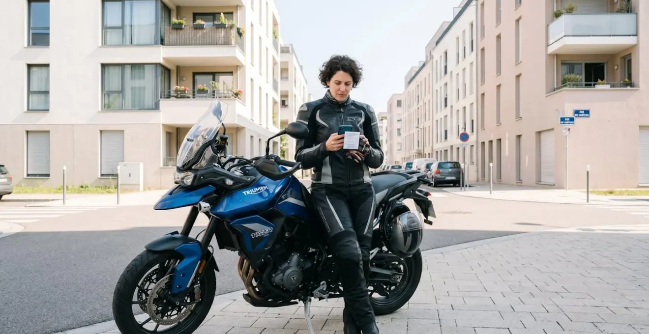 Motard expérimenté en équipement complet consultant son smartphone à côté de sa moto garée dans un cadre urbain résidentiel français