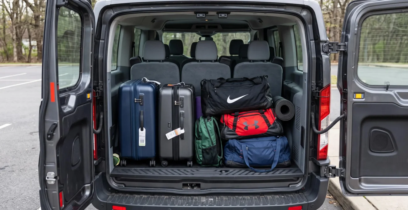 Coffre ouvert d'un Ford Transit 9 places avec valises et sacs rangés, démonstrant la capacité de chargement du véhicule