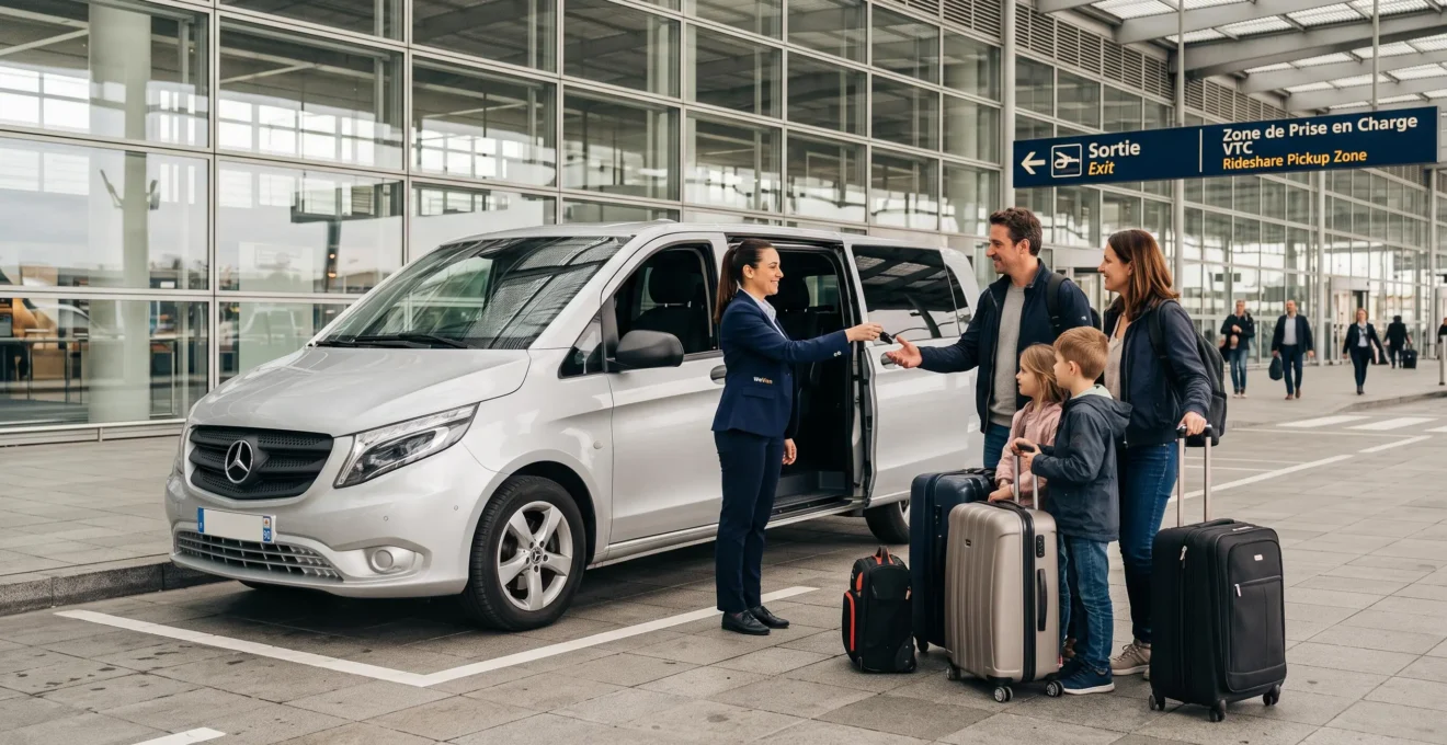Technicien WeVan remettant les clés d'un minibus Mercedes Vito à une famille à l'aéroport Charles de Gaulle, zone de livraison véhicules
