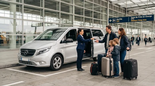 Technicien WeVan remettant les clés d'un minibus Mercedes Vito à une famille à l'aéroport Charles de Gaulle, zone de livraison véhicules